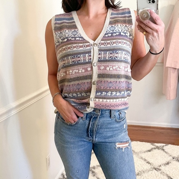 90s Vintage Beaded Fair Isle Knit Sleeveless Sweater Vest S - Picture 1 of 6